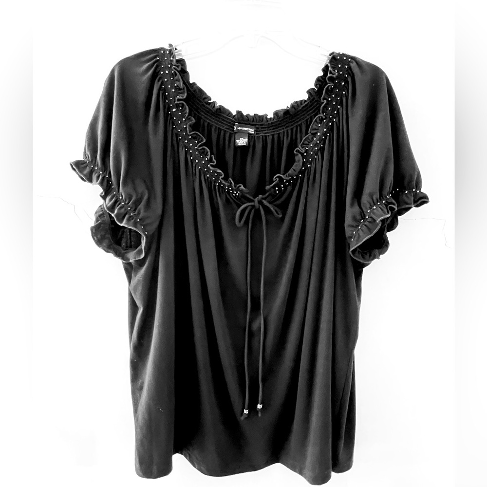 2X Black w/ Silver Beads Ruffles Short Sleeve Pullover Top New Directions EUC